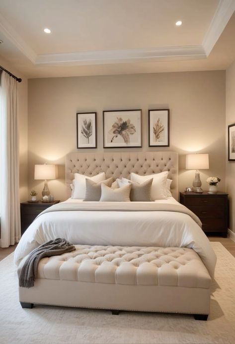 a large white bed sitting in a bedroom next to two lamps and pictures on the wall