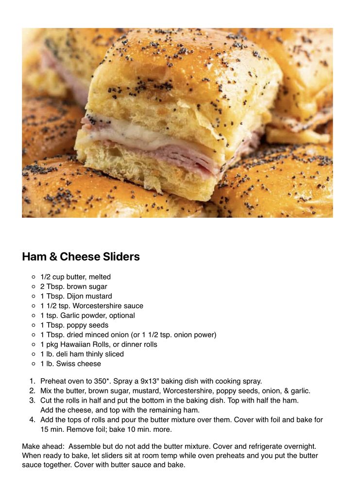 the recipe for ham and cheese sliders is shown in this page, with instructions on how to make them