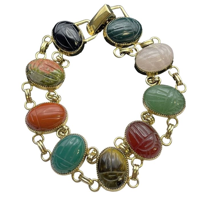 The Vintage Jojak Signed Scarab Bracelet Features Gemstones Carved With Scarab Beetles, Measuring 7 Inches In Length And Designed In The Egyptian Revival Style. It Is A Rare Estate Find That Exudes True Craftsmanship. It's Made Of Sterling Silver. Scarab Jewelry, Scarab Bracelet, Egyptian Revival, Unique Bracelets, Bracelet Sterling Silver, Lovely Jewellery, American Jewelry, Women Accessories Jewelry, Estate Jewelry