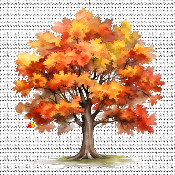 an autumn tree with orange and yellow leaves on the branches, painted in watercolor