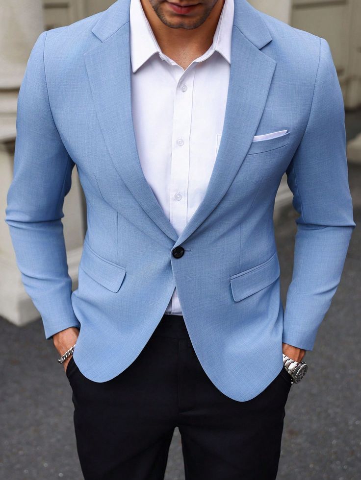 Celeste Trabajo Collar manga larga Tela Color combinado,Liso Normal Embellished No-Elástico Light Blue Blazer Outfit Men, Men Blazer Outfit, Blazer For Man, Blue Blazer Outfit Men, Sky Blue Blazer, Blue Blazer Outfit, Sky Blue Suit, Office Jacket, Light Blue Blazer