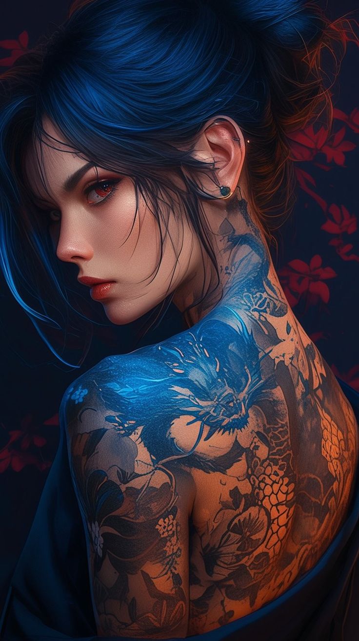 a woman with blue hair and tattoos on her back