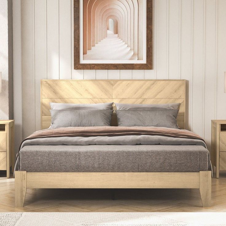 Interior Design Inspo Queen Bed Frame With Headboard, Bed Frame Queen, Platform Bed With Headboard, Natural Bedroom, Bed Stand, Modern Headboard, Bed With Headboard, Bed Frame With Headboard, Hallway Designs