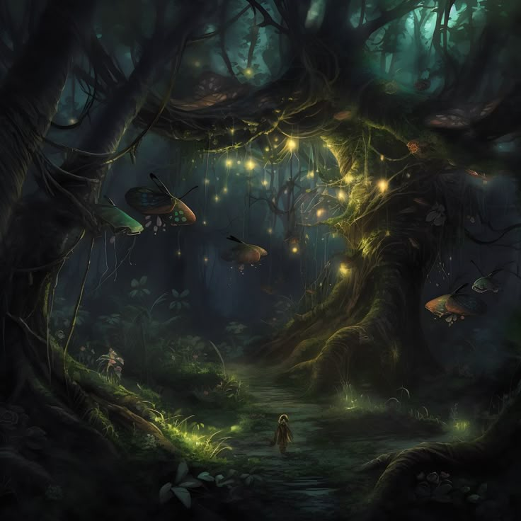 a forest scene with fairy lights in the trees and people walking through the woods at night