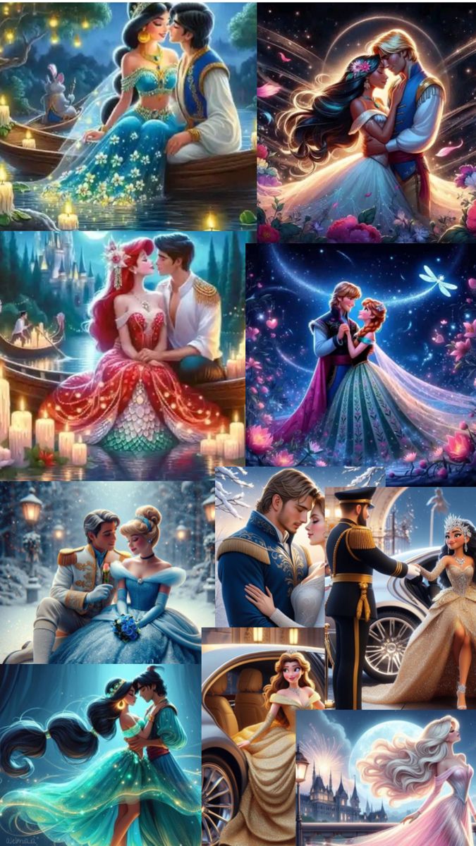 disney princess and prince kissing in front of the castle at night, surrounded by candles