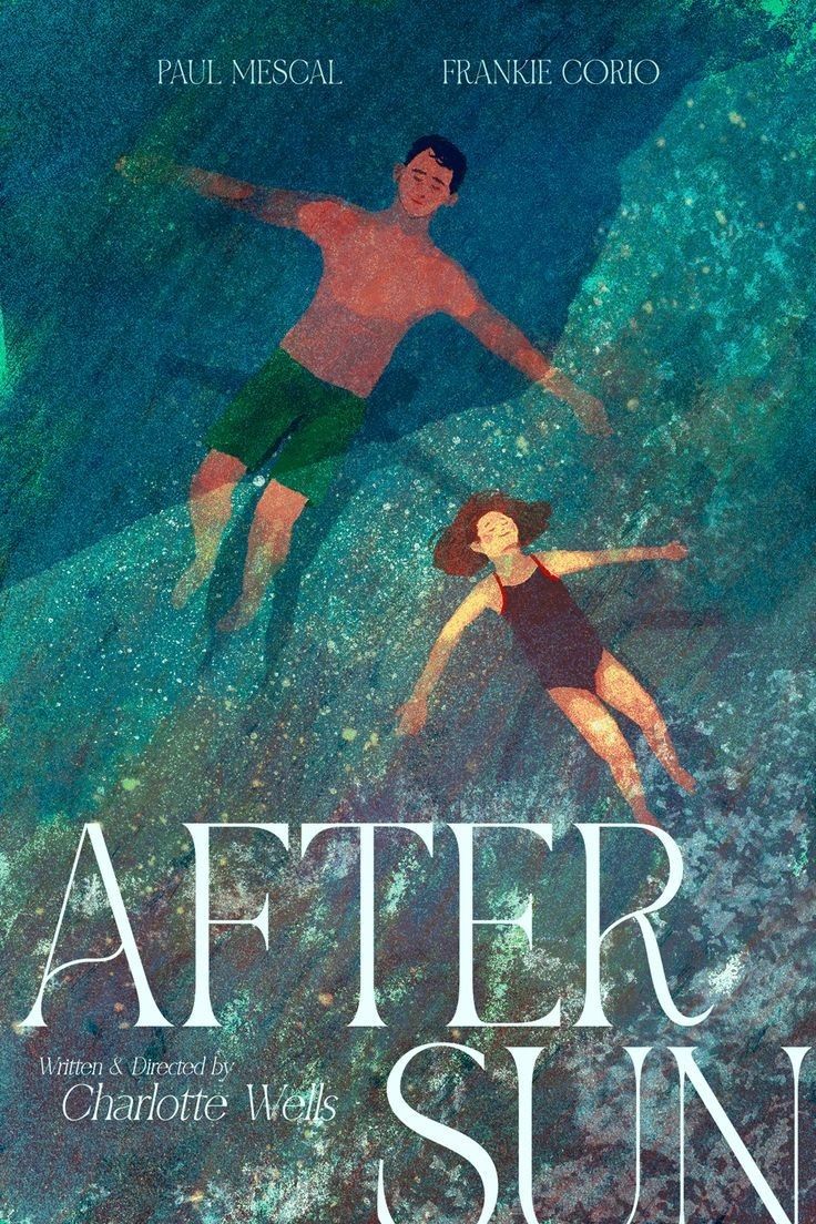 the movie poster for after sun with two people swimming in water and one man standing on his back