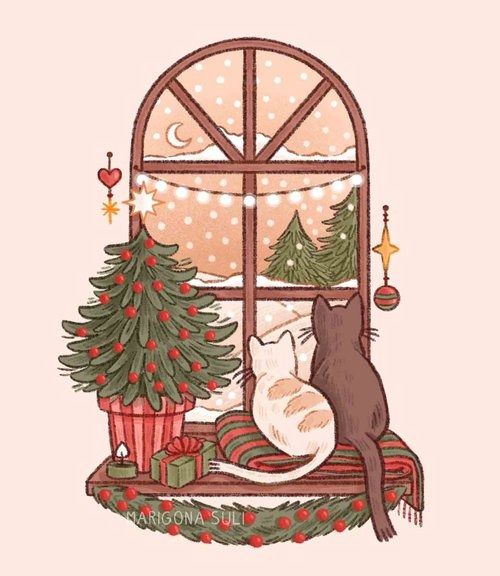 a cat is sitting on a window sill looking out the window at christmas trees