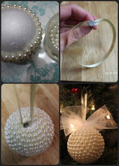 four different pictures of christmas ornaments with lights on them, including an ornament and ribbon