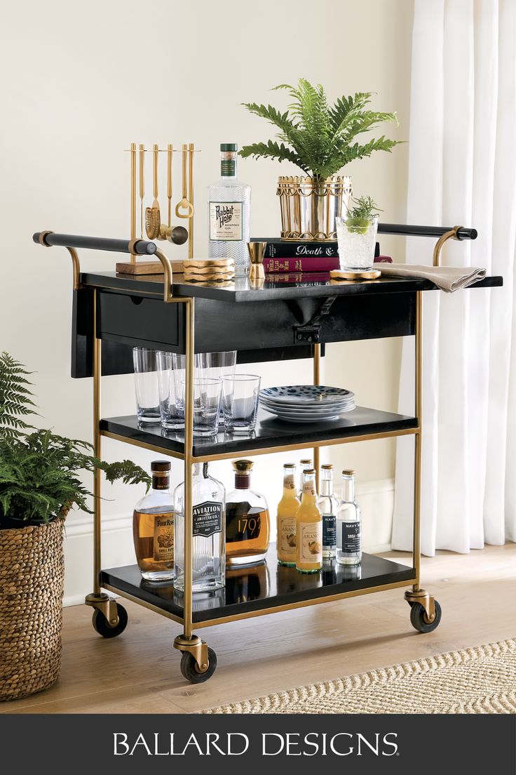 Photo of black and gold bar cart Black And Gold Bar Cart, Bar Cart Inspo Vintage, Mens Bar Cart, Masculine Bar Cart, Painted Pumpkins Fall, Fall Flowers Wallpaper, Small Bar Cart, Bar Cart Black, Bar Cart Inspo