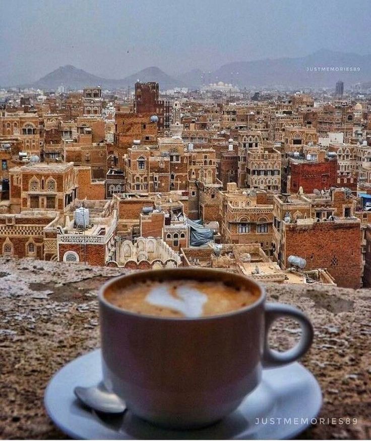 a cup of coffee sitting on top of a saucer in front of a city