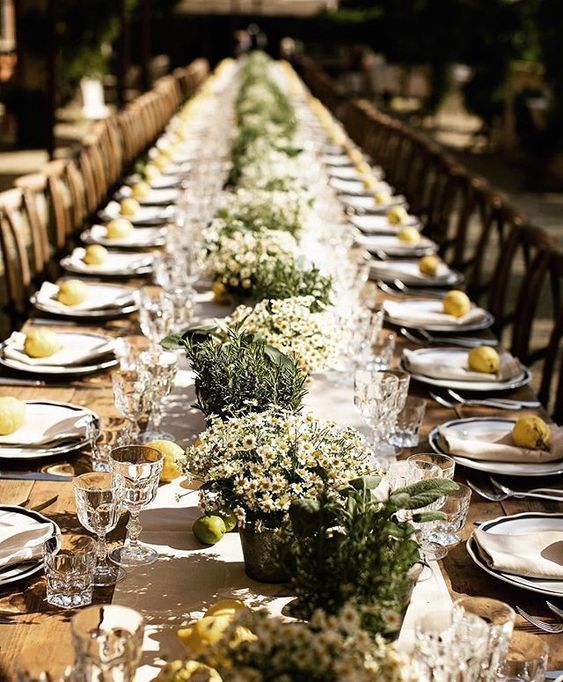 a long table is set with white plates and silverware