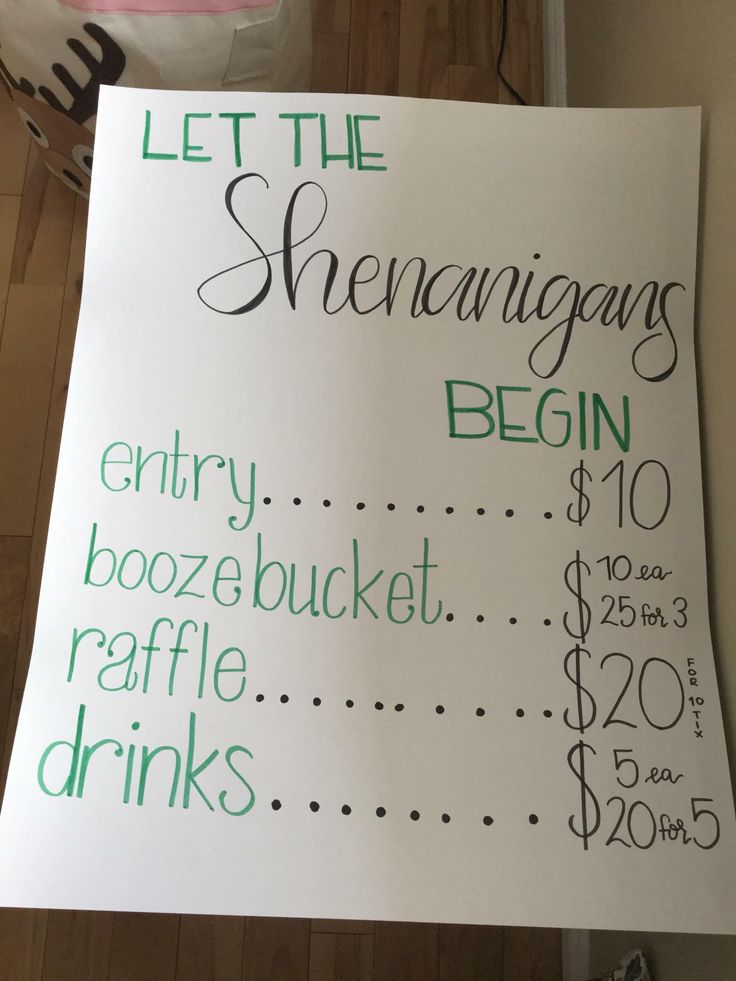 a sign that says let the shenangs begin and $ 10 00 per bottle