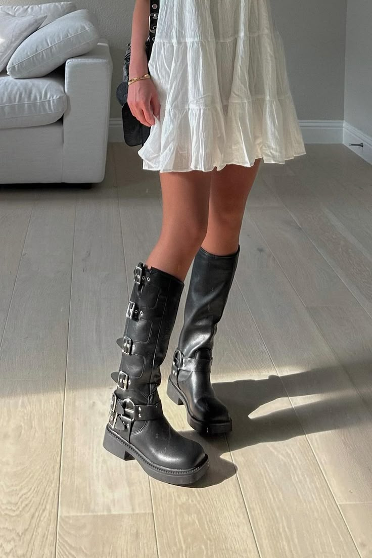 Dress With Biker Boots, Biker Shoes Women Outfit, Tall Biker Boots Outfit, White Biker Boots, Mui Mui Boots Outfit, Knee High Buckle Boots, Tall Boots Outfit Midsize, White Dress Boots Outfit, Styling Biker Boots