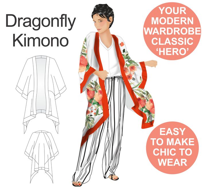 the dragonfly kimono sewing pattern is shown with instructions for how to wear it