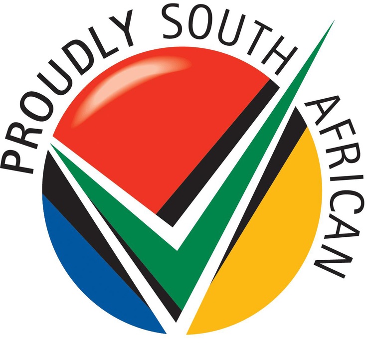 the proudly south african logo is shown on a white circle with red, green, yellow and blue colors