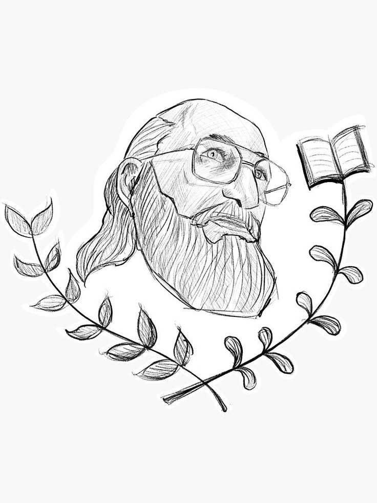 a drawing of a man with long hair and glasses on top of a branch next to an open book