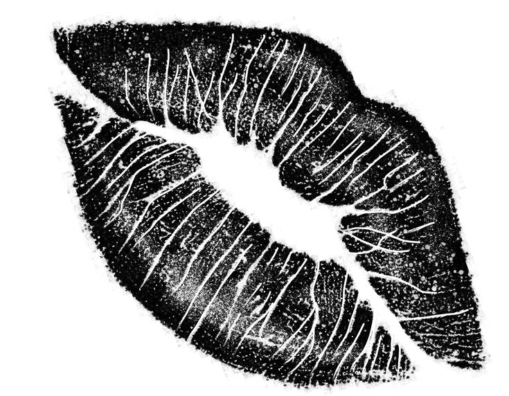 a black and white photo of a kiss on the lips, drawn in ink by hand