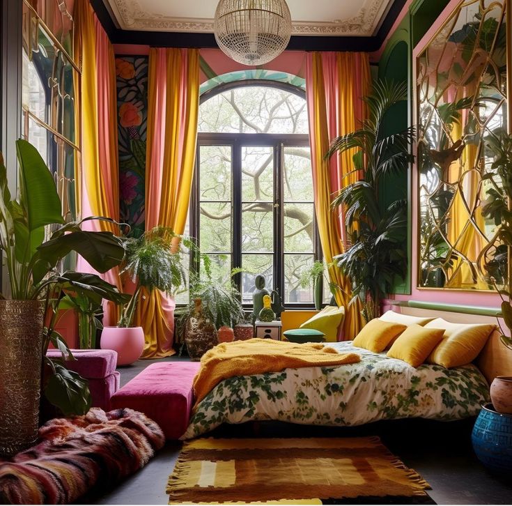 a bedroom decorated in bright colors with plants on the wall and large windows above it