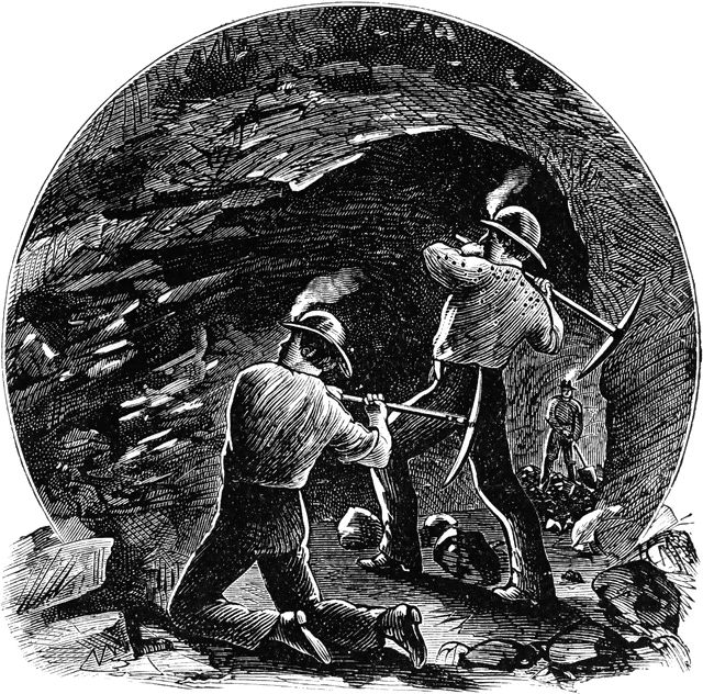 an old black and white drawing of two men in a cave