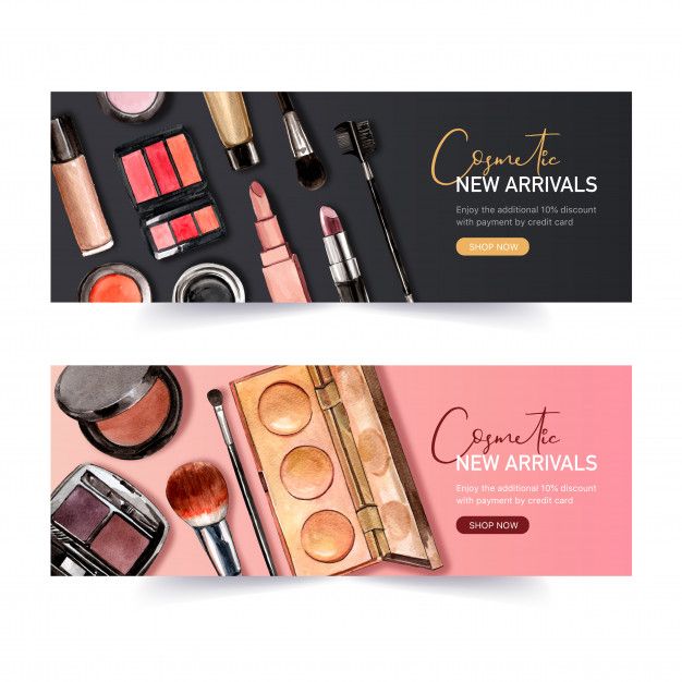 two horizontal banners with cosmetics and makeup products on them, one for new arrivals