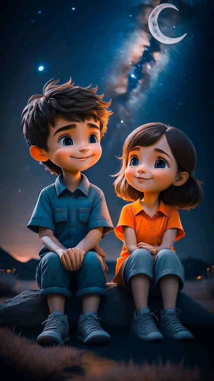 two children sitting on top of a rock under the stars