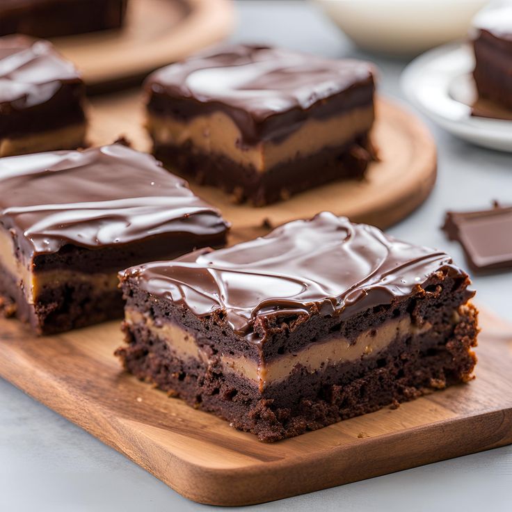 pieces of chocolate cake sitting on top of a wooden cutting board