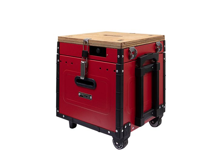 a red and black rolling cart with wood top on casteors is shown in front of a white background