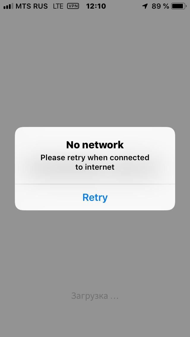 an iphone screen with the message'no network please retry when connected to internet '