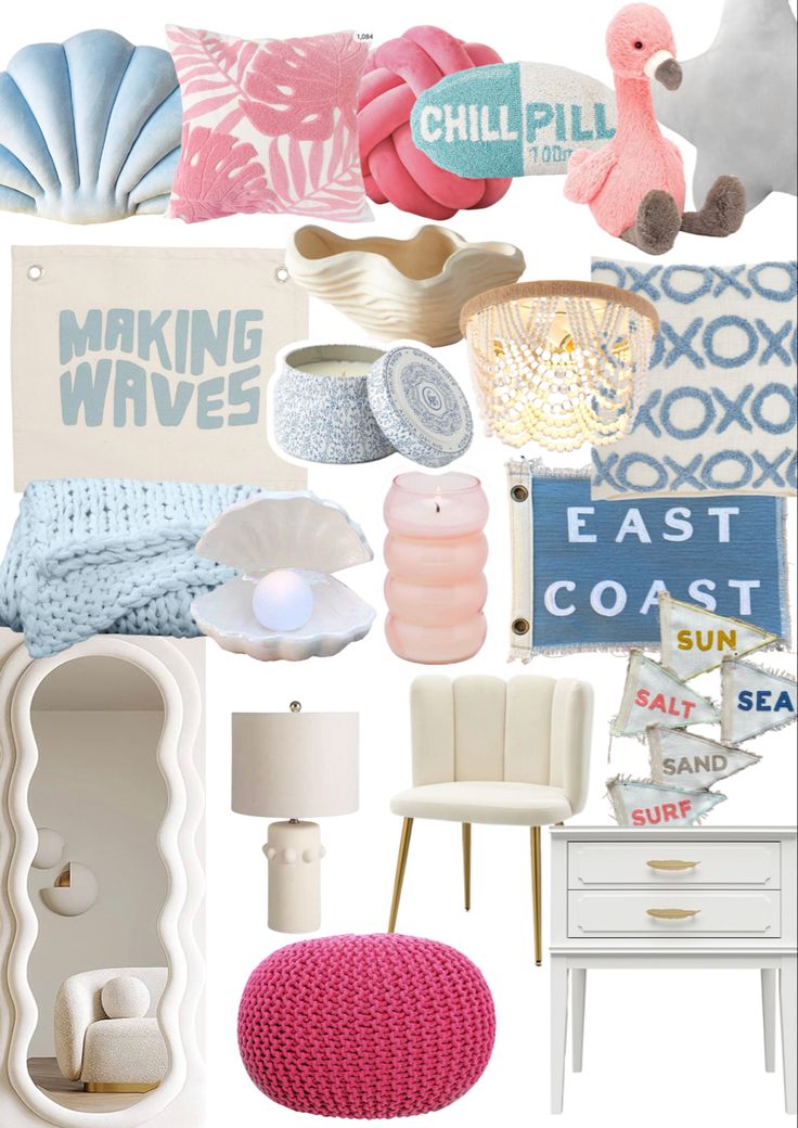 a collage of furniture and decor in pastel colors