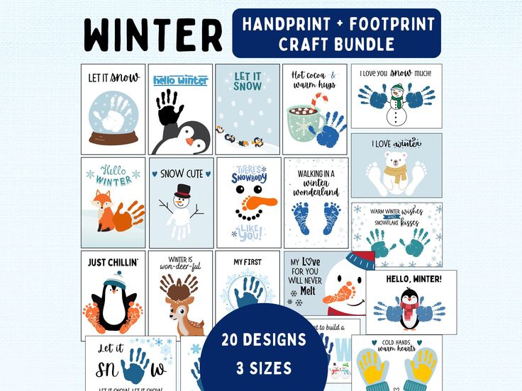 the winter handprint and footprint craft bundle includes 20 designs, 3 sizes to choose from