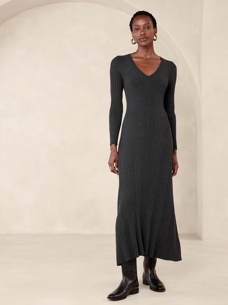 Cece Maxi Sweater Dress | Banana Republic Elegant Ribbed V-neck Maxi Dress, Casual Ribbed Maxi Sweater Dress, Elegant Ribbed Knit Maxi Dress, Long Ribbed Knit Midi Dress, Elegant Knit Maxi Sweater Dress, Elegant Knit Maxi Length Sweater Dress, Casual Ribbed Maxi Dress For Fall, Elegant Ribbed Midi Dress With V-neck, Elegant Ribbed V-neck Midi Dress