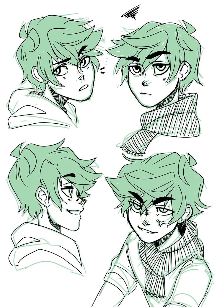 some sketches of the same character from an anime movie, one with green hair and two with