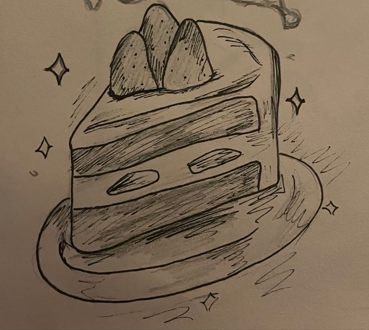 a drawing of a piece of cake with the words happy birthday written above it and stars