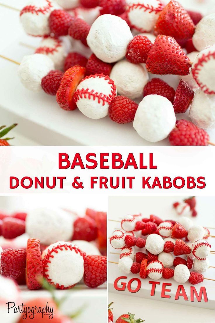 some strawberries and marshmallows are in the shape of baseballs, donuts and fruit kabobs