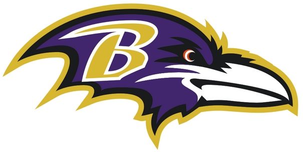 the baltimore ravens logo is shown on a white background with blue and yellow colors, as well as an eagle's head