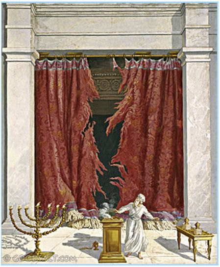 a painting of a woman standing in front of a red curtain and menorah