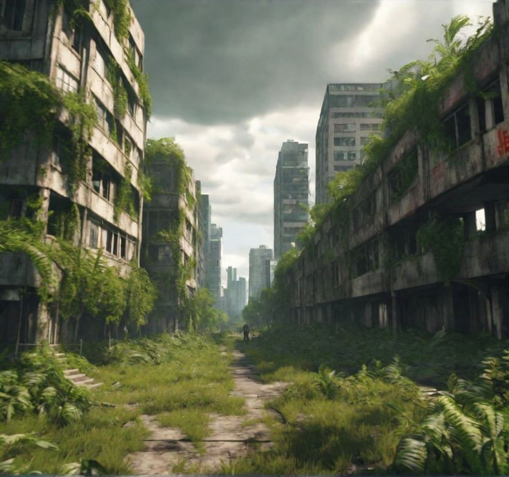 City Ruins Aesthetic, Overgrown Apocalypse Aesthetic, Post Apocalyptic Art Ruins Cities, Fantasy Abandoned City, Ruined City Aesthetic, City Overtaken By Nature, Overgrown City Concept Art, Overgrown City Art, Abandoned City Concept Art