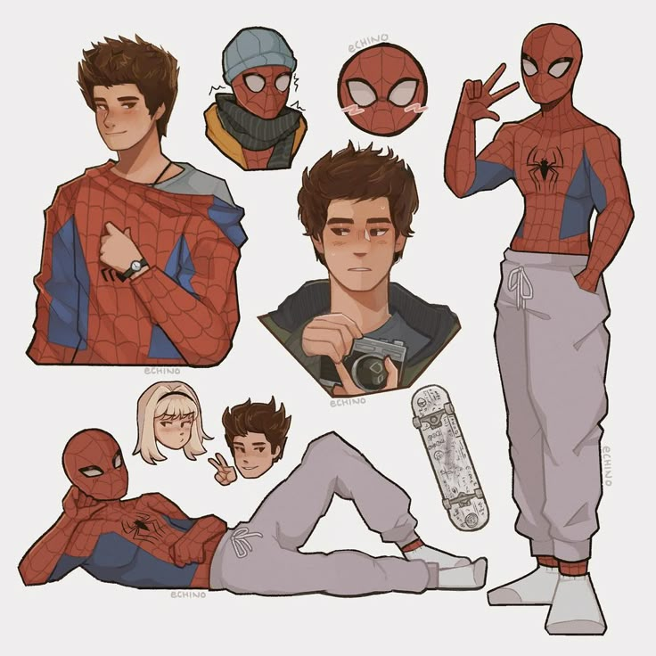 spider - man paper dolls are shown in various poses and expressions, including one with his hands on his hips