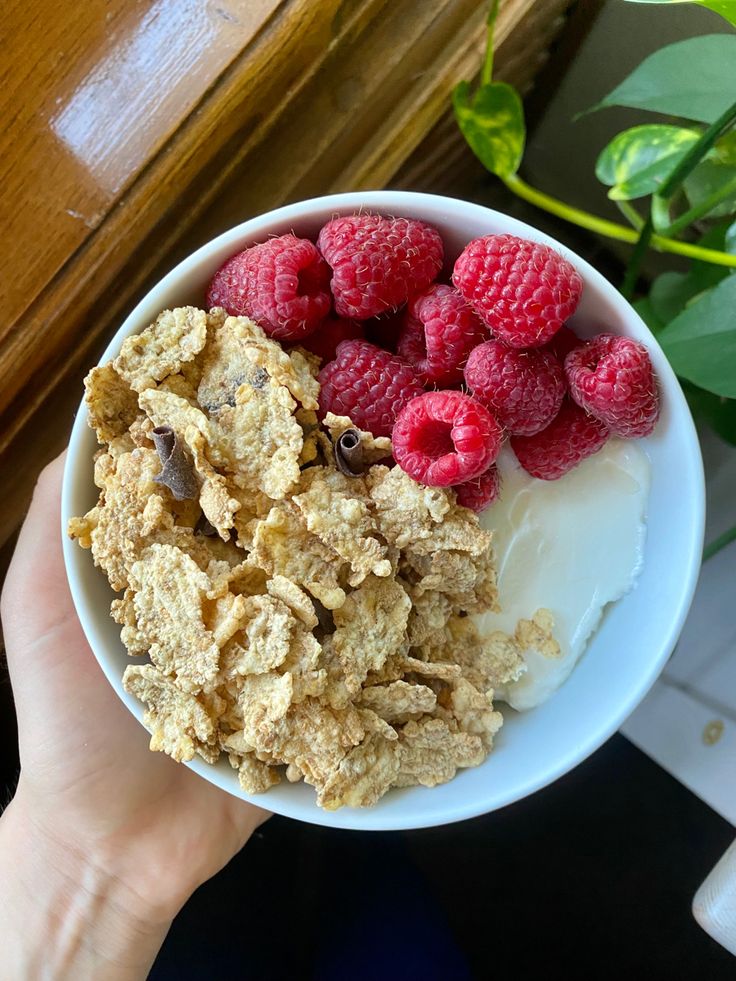 a person holding a bowl of cereal and raspberries