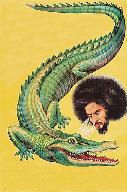 an image of a man with his head in the air next to a crocodile's mouth