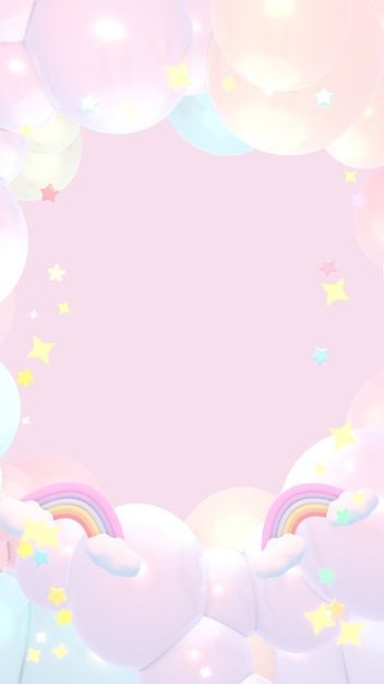 a pink background with balloons and stars in the center, as well as a rainbow