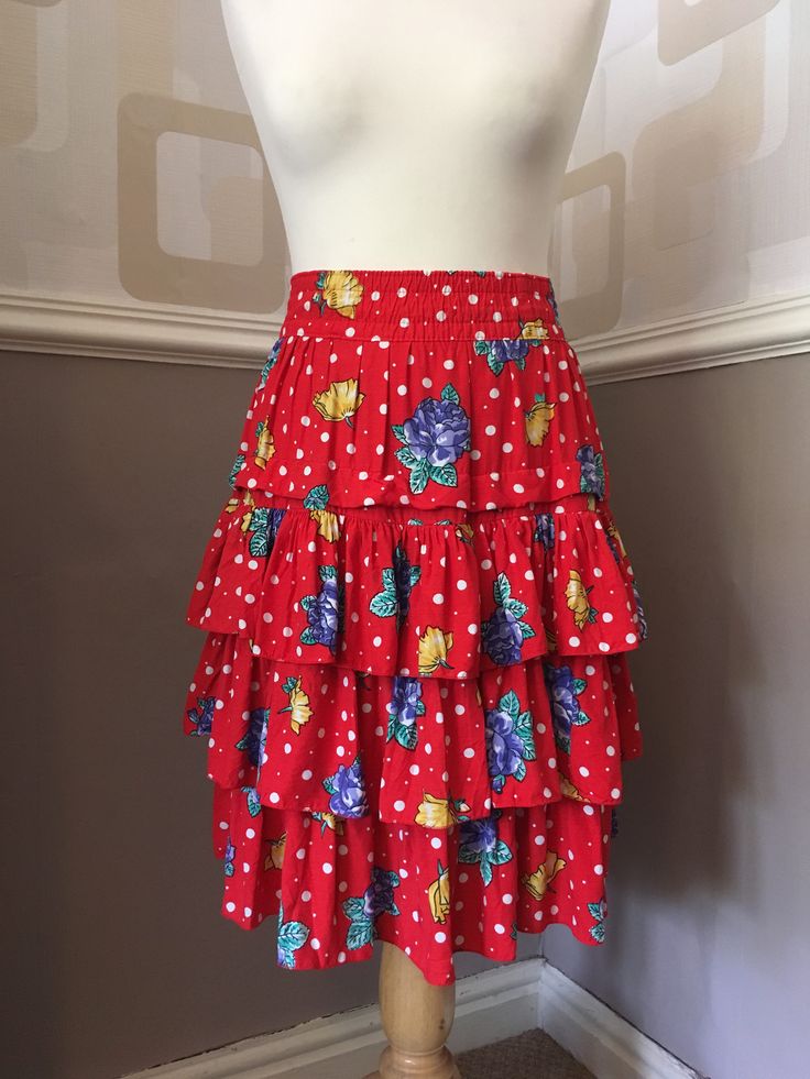 Vintage 80's RaRa skirt, retro ruffled frills, 1980's red floral polka dot, elastic waist, 3 tiered rah-rah above the knee by TheVintageFlea29 on Etsy Rara Skirt, Empire Waist Gown, 1980s Fashion, Blue Sparkles, Red Polka Dot, Above The Knee, Red Floral, No Frills, Floral Skirt