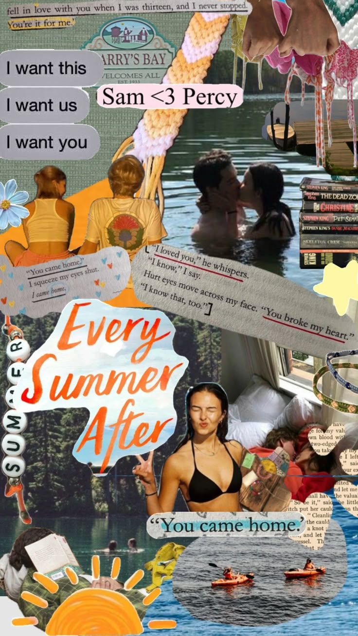 the collage has many different pictures and words on it, including people in bathing suits