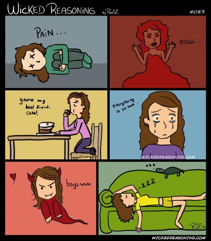 four different comics with the same person in each panel, one is lying down and another has