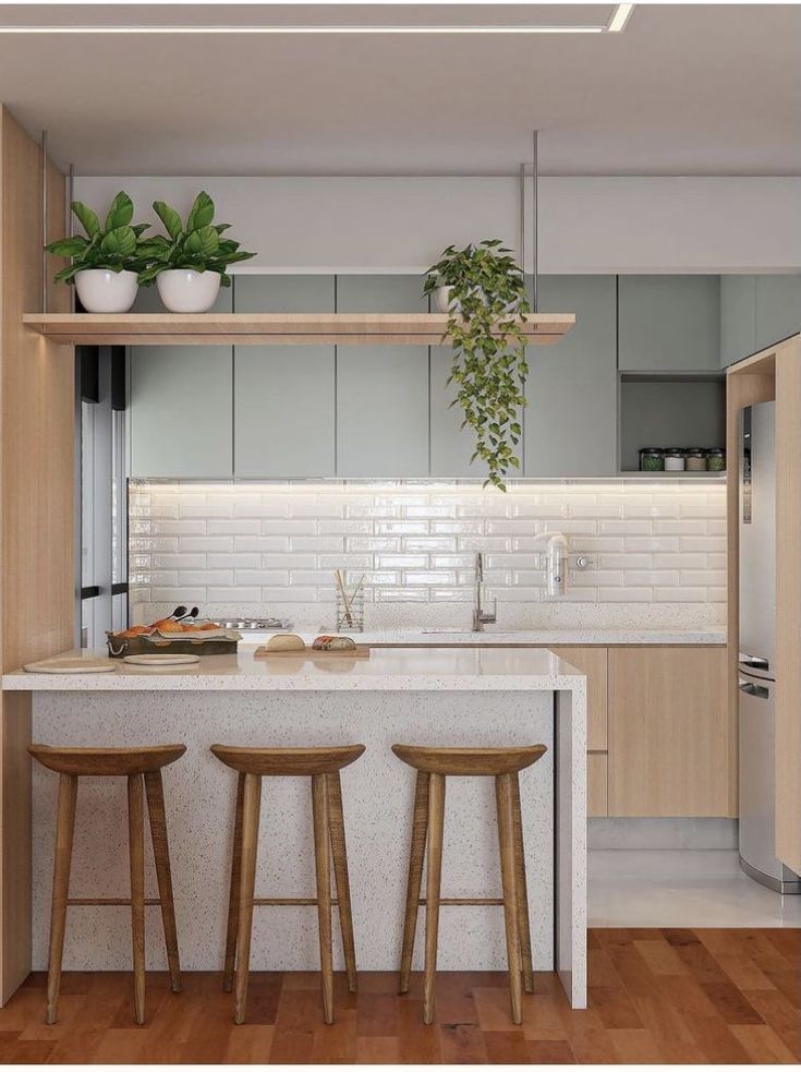 two stools are in front of the kitchen island