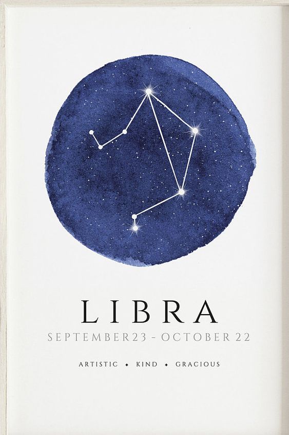 the zodiac sign libra on a blue watercolor circle with white stars in it