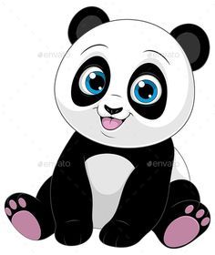 a cartoon panda bear sitting down with its tongue out and eyes wide open, smiling