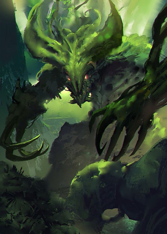 an illustration of a green creature in the middle of a forest with trees and rocks