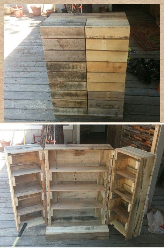 two pictures side by side showing the same wooden pallet with different shelves and drawers