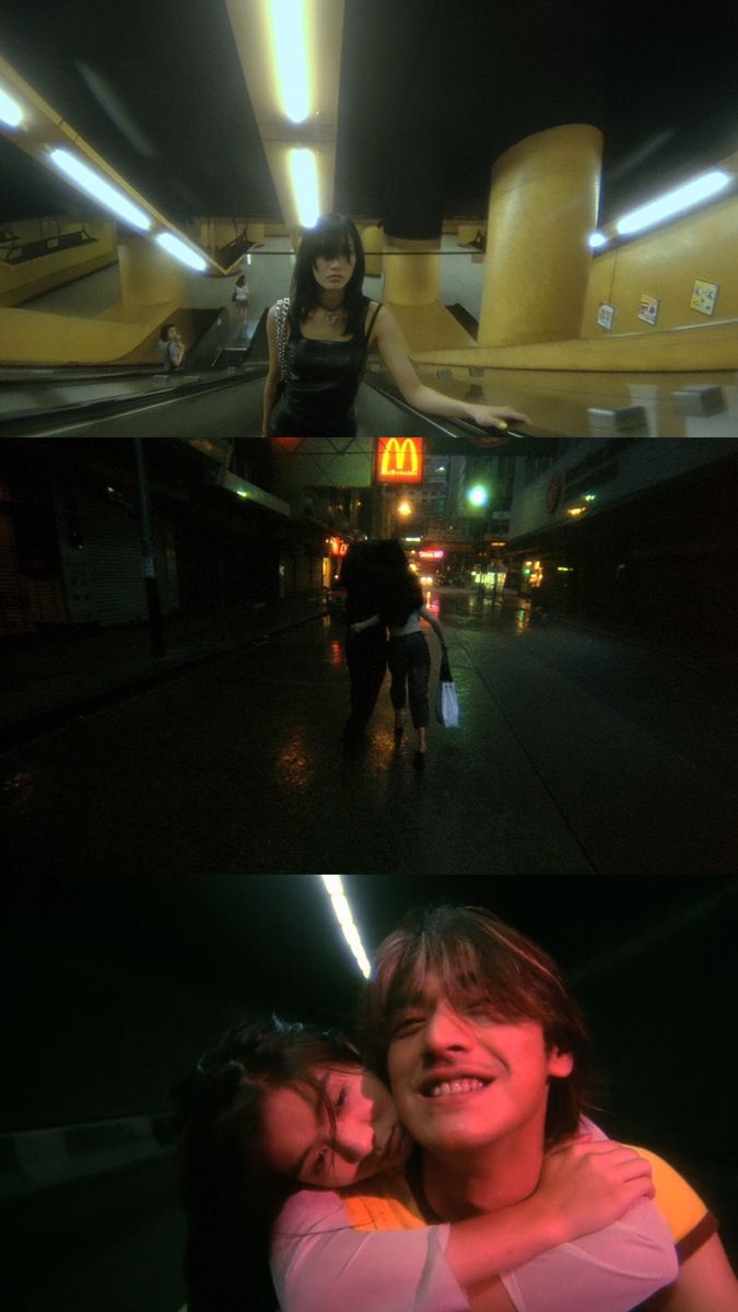 two girls hugging each other in front of a mcdonald's sign at night time